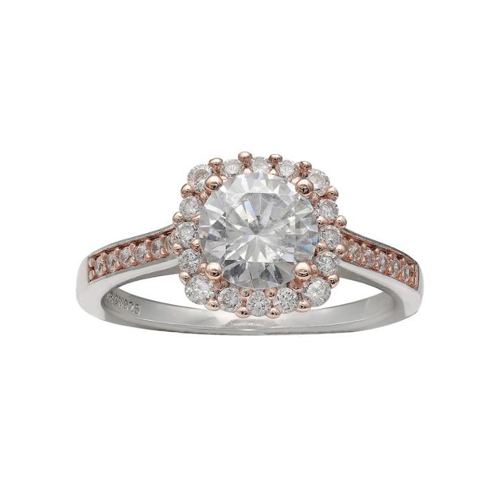 Primrose Two Tone Sterling Silver Cubic Zirconia Square Halo Ring, Women's, Size: 8, White
