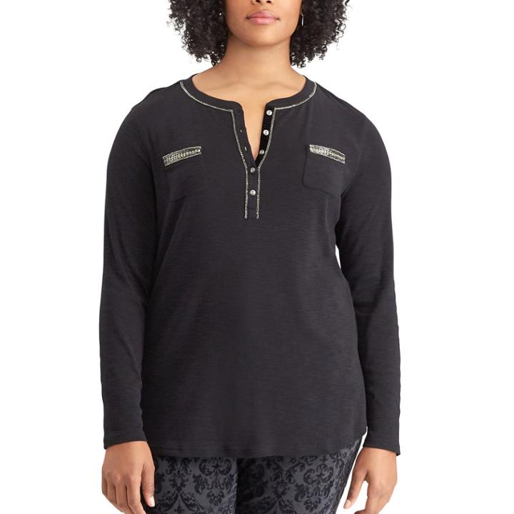 Plus Size Chaps Embellished Henley, Women's, Size: 1xl, Black