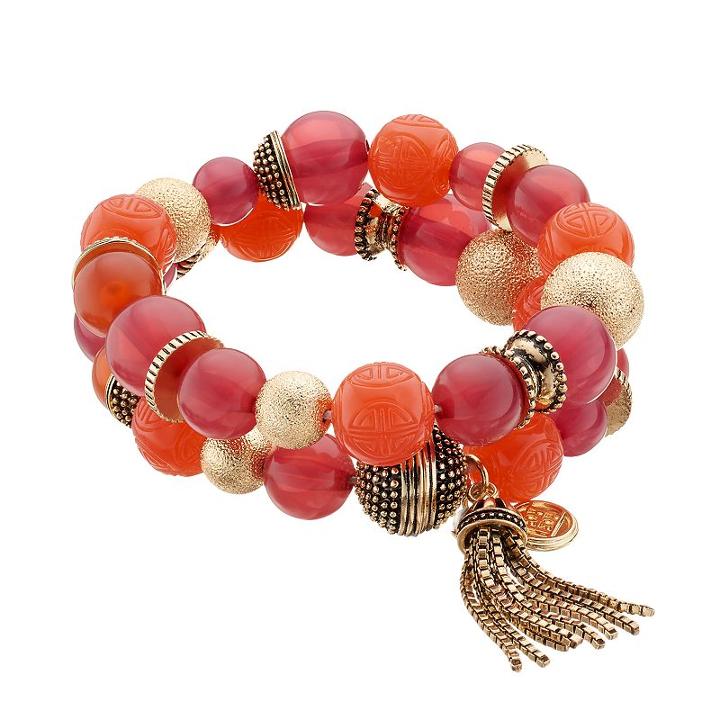 Dana Buchman Pink Beaded Tassel Double Strand Stretch Bracelet, Women's