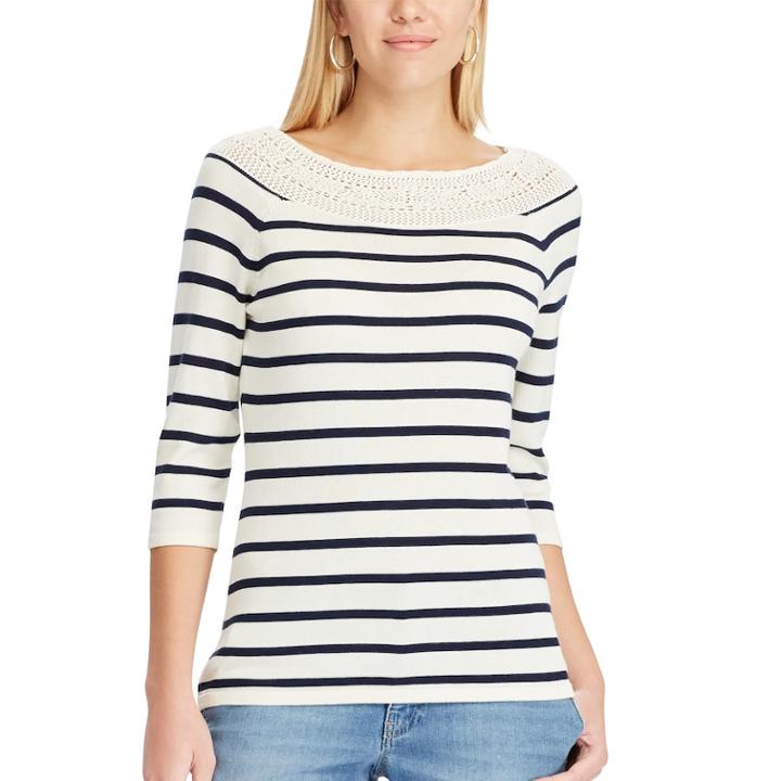 Women's Chaps Striped Lace-trim Sweater, Size: Medium, White