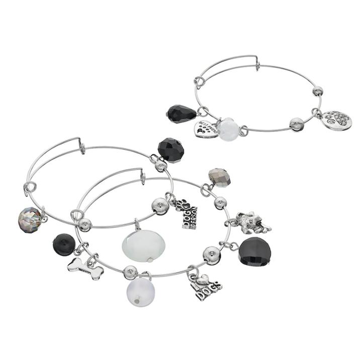 Dog Person Bone & Paw Print Charm Bangle Bracelet Set, Women's, Black