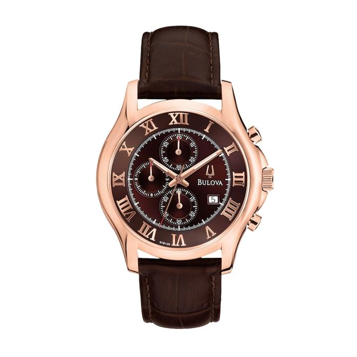 Bulova Rose Gold Tone Stainless Steel Leather Chronograph Watch - 97b120 - Men, Brown