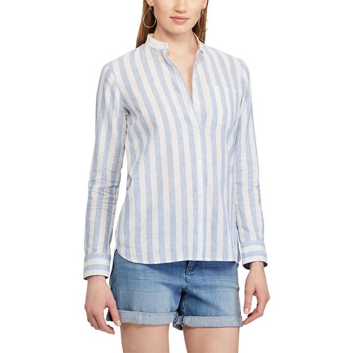 Women's Chaps Striped Linen Blend Shirt, Size: Large, Blue