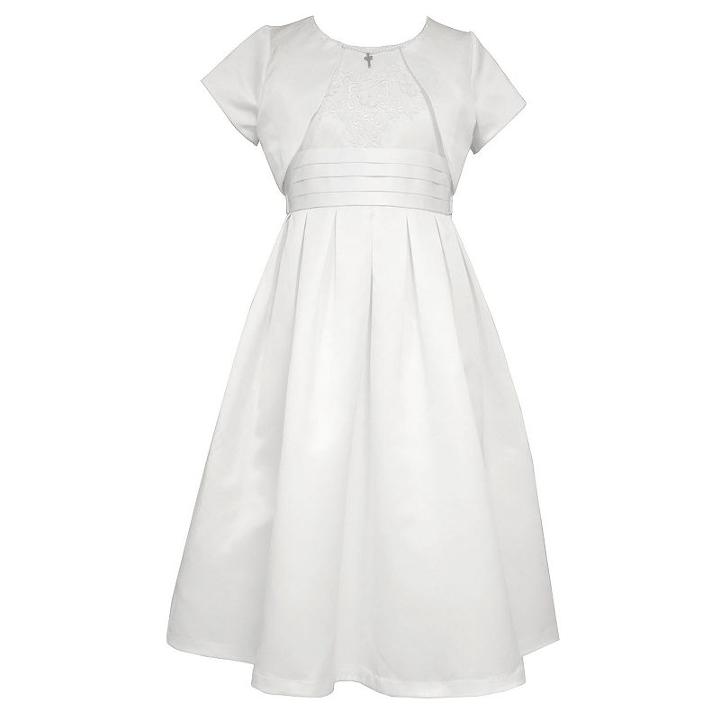 Girls Plus Size Bonnie Jean Matte Satin Dress With Cross Necklace & Shrug Set, Girl's, Size: 20 1/2, White