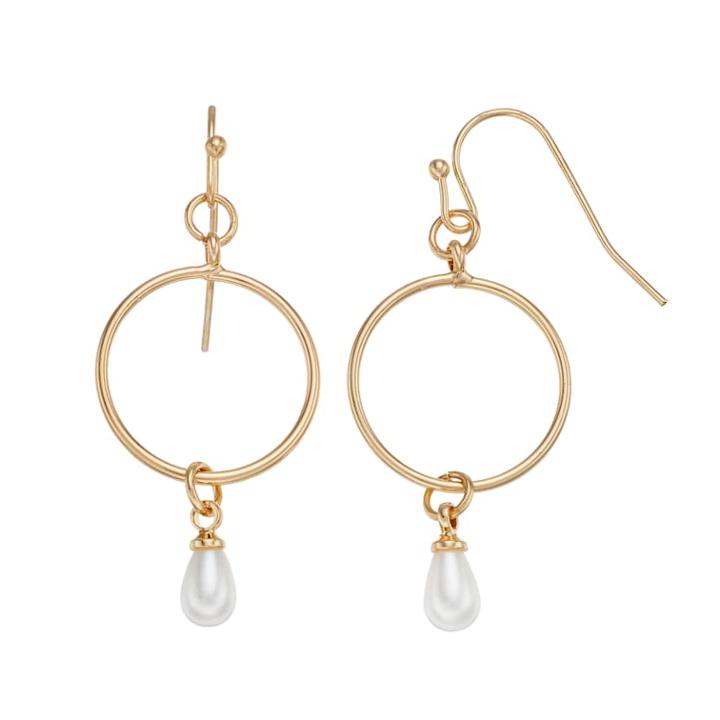 Lc Lauren Conrad Simulated Pearl Nickel Free Hoop Drop Earrings, Women's, White
