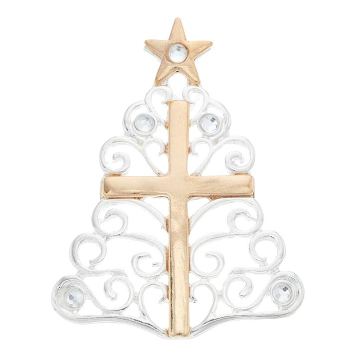 Two Tone Cross Filigree Christmas Tree Pin, Women's, Multicolor