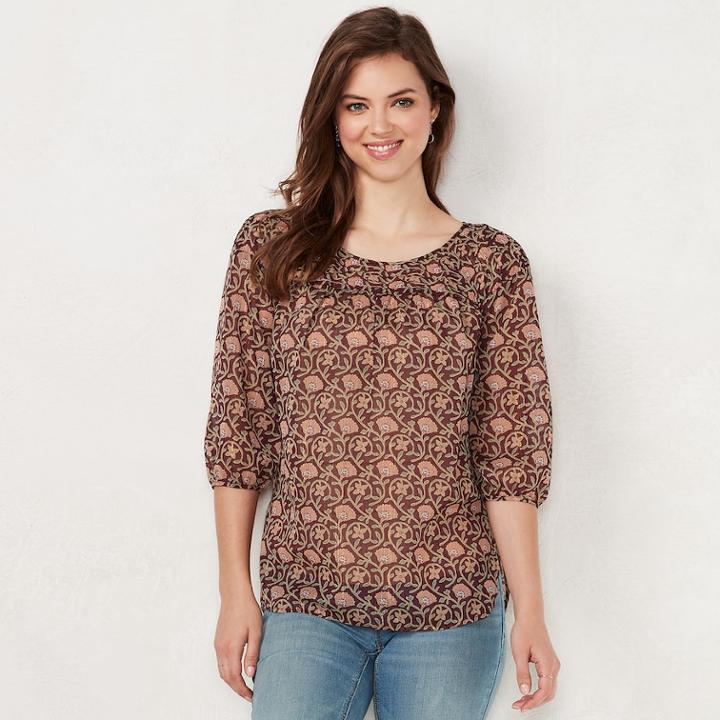 Women's Lc Lauren Conrad Printed Chiffon Peasant Top, Size: Large, Dark Red