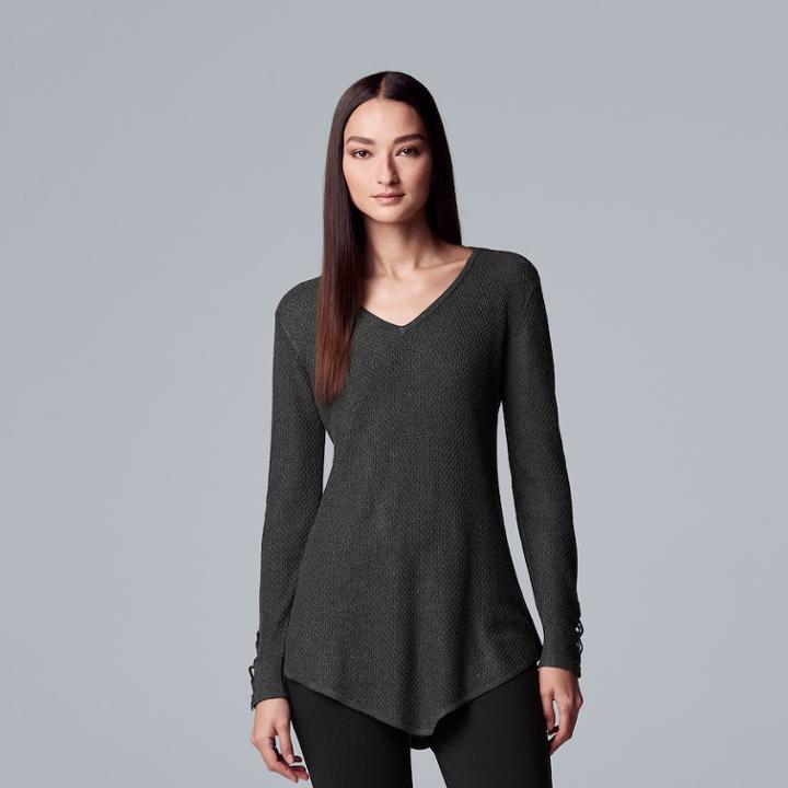 Women's Simply Vera Vera Wang Lace-up Asymmetrical V-neck Sweater, Size: Medium, Dark Grey