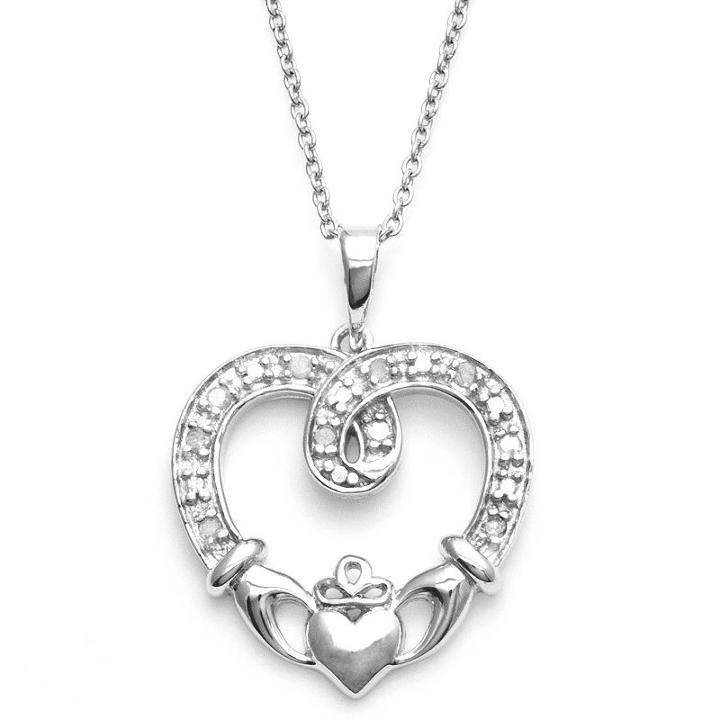 Sterling Silver 1/10-ct. T.w. Diamond Claddagh Heart Pendant, Women's, Size: 18, White