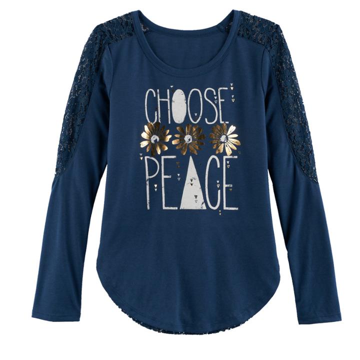 Girls 7-16 & Plus Size Mudd&reg; Pieced Lace Graphic Tee, Size: 10, Med Blue