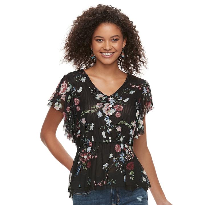 Juniors' American Rag Floral Mesh Top, Size: Large, Black