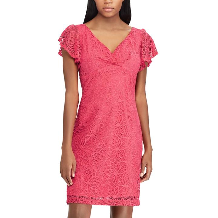 Petite Chaps Lace Flutter Sleeve Empire Dress, Women's, Size: 6 Petite, Pink