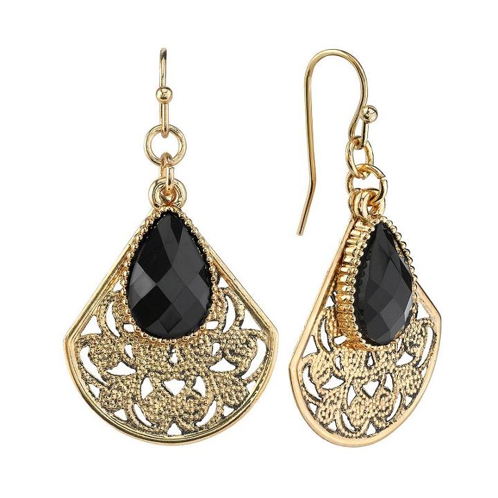 1928 Gold Tone Filigree Beaded Drop Earrings, Women's, Black