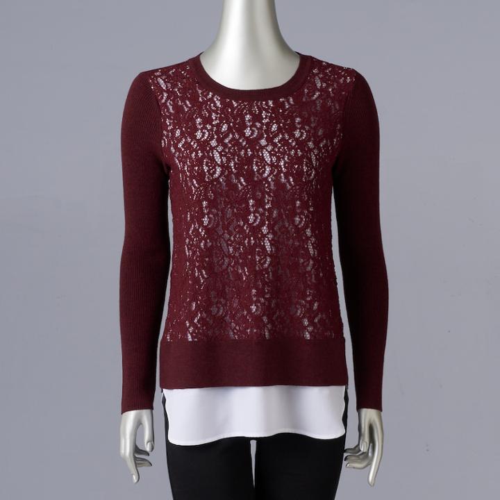 Petite Simply Vera Vera Wang Mock-layer Lace Front Top, Women's, Size: M Petite, Dark Red