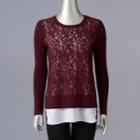 Petite Simply Vera Vera Wang Mock-layer Lace Front Top, Women's, Size: M Petite, Dark Red