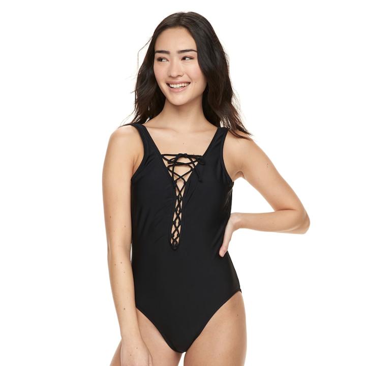 Solid Lace-up One-piece Swimsuit, Teens, Size: Xl, Black