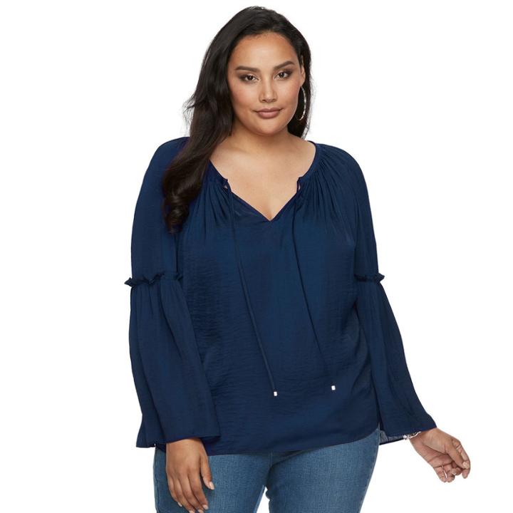 Plus Size Jennifer Lopez Ruffle Peasant Top, Women's, Size: 2xl, Blue