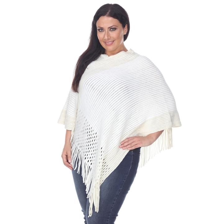 Plus Size White Mark Pointelle Fringe Poncho, Women's