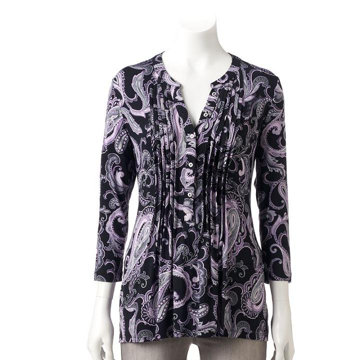 Women's Croft & Barrow&reg; Pleated Henley, Size: Medium, Brt Purple