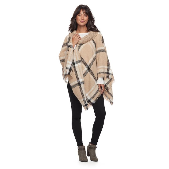 Apt. 9&reg; Woven Boucle Fringed Plaid Poncho, Women's, Lt Beige