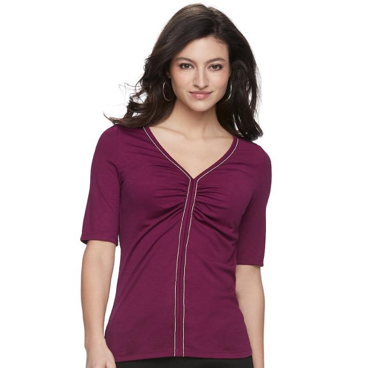 Women's Jennifer Lopez Embellished Ruched V-neck Tee, Size: Medium, Drk Purple
