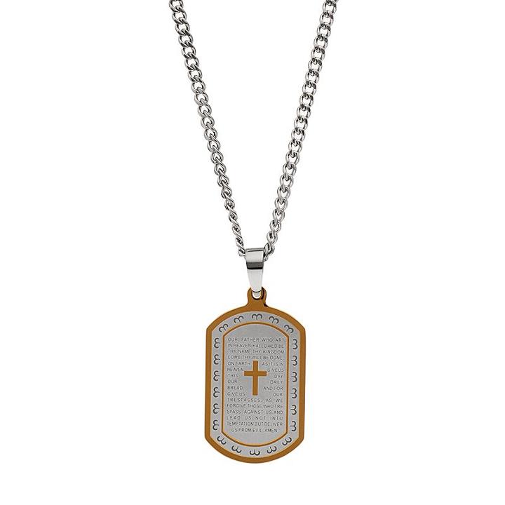Men's Two Tone Stainless Steel The Lord's Prayer Dog Tag Necklace, Yellow