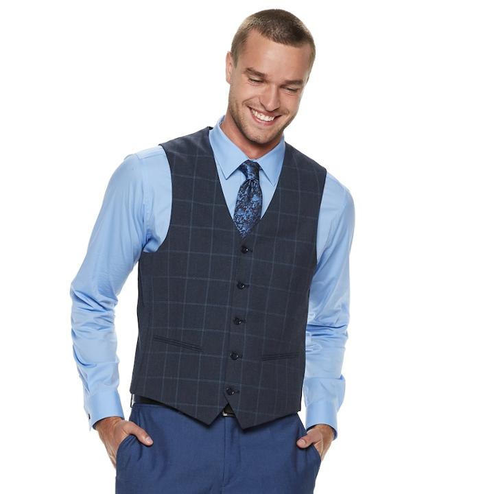 Men's Savile Row Modern-fit Blue Windowpane Vest, Size: Xxl