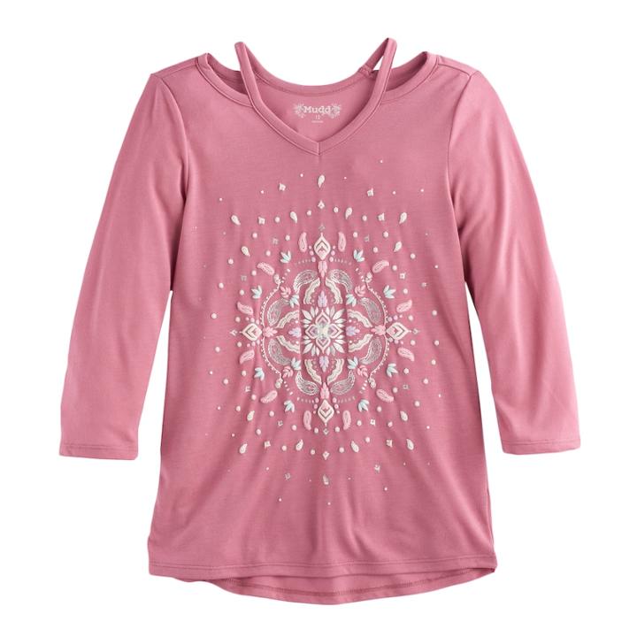 Girls 7-16 Mudd&reg; 3/4-sleeve Cutout Printed Tee, Size: 7-8, Med Pink