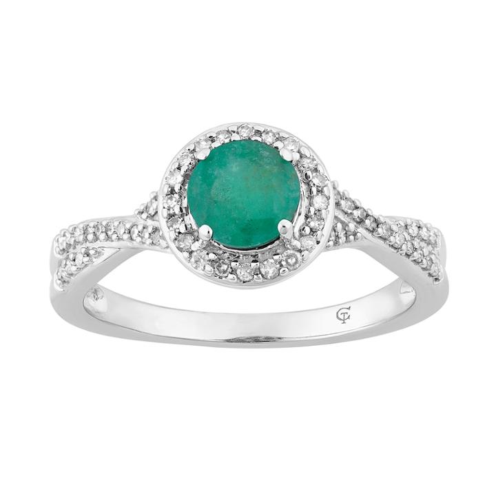 10k White Gold Emerald & 1/4 Carat T.w. Diamond Halo Ring, Women's, Size: 6, Green