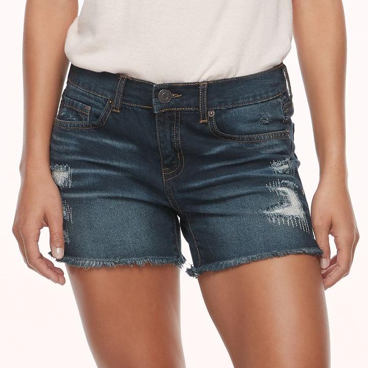 Juniors' Mudd&reg; Fray Hem Ripped Midi Shorts, Teens, Size: 7, Dark Blue