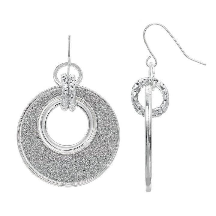 Glittery Silver Tone Drop Hoop Earrings, Women's