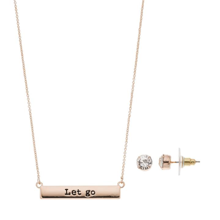 Let Go Bar Necklace & Simulated Crystal Stud Earring Set, Women's, Pink
