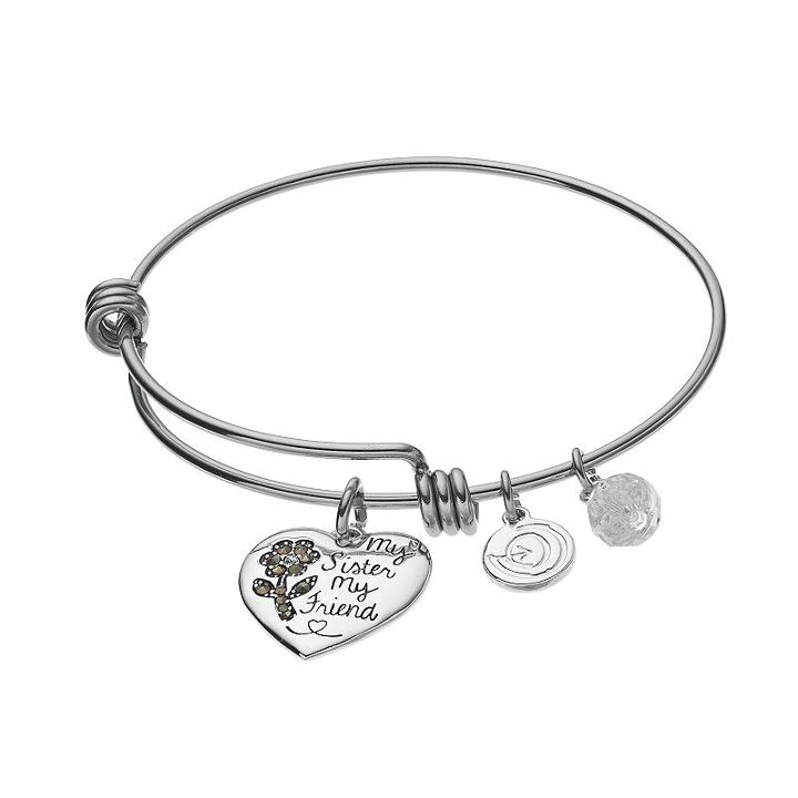 Love This Life Crystal & Marcasite My Sister My Friend Heart Charm Bangle Bracelet, Women's, Black