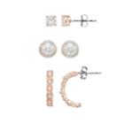 Simulated Pearl & Crystal Nickel Free Stud & Semi Hoop Earring Set, Women's, Pink