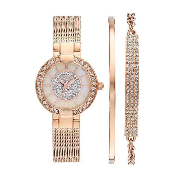 Elgin Women's Cubic Zirconia Pave Mesh Stainless Steel Watch & Bracelet Set, Pink
