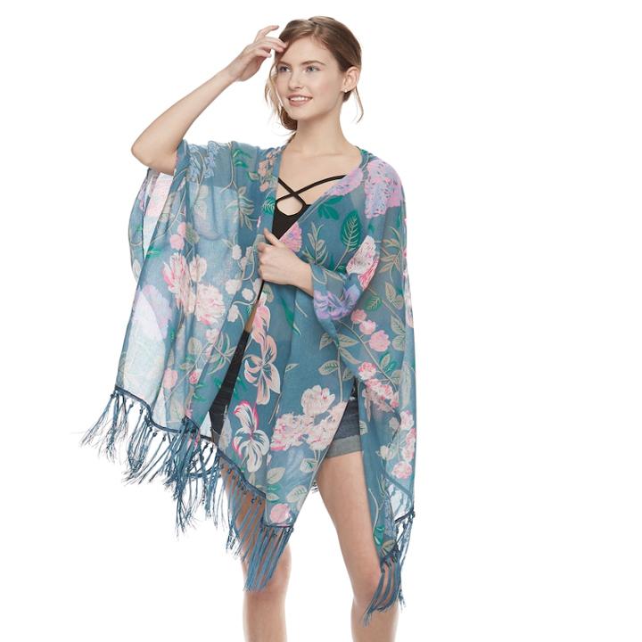 Women's Mudd&reg; Fringed Floral Kimono, Blue (navy)