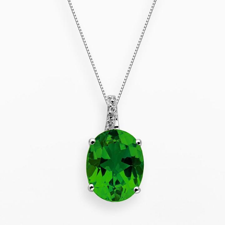 Sterling Silver Lab-created Emerald And Diamond Accent Oval Pendant, Women's, Size: 18, Green