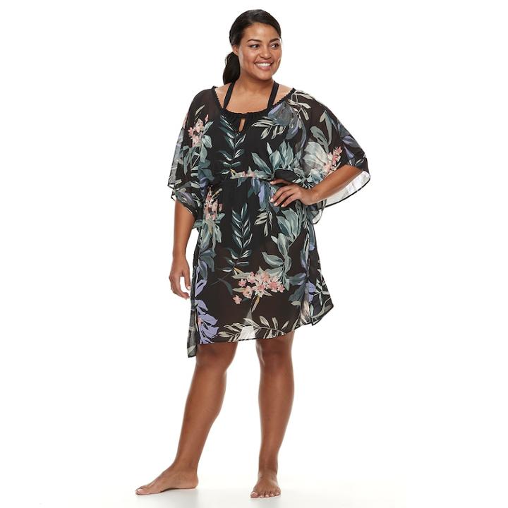 Plus Size Beach Scene Printed Caftan Cover-up, Women's, Size: 1xl, Plumeria