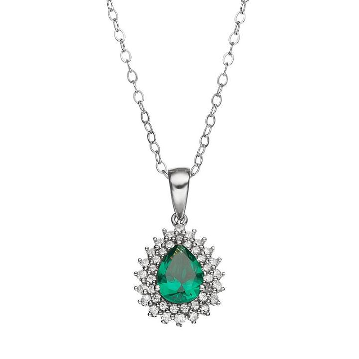 Simulated Emerald & Cubic Zirconia Sterling Silver Teardrop Frame Pendant Necklace, Women's, Size: 18, Green