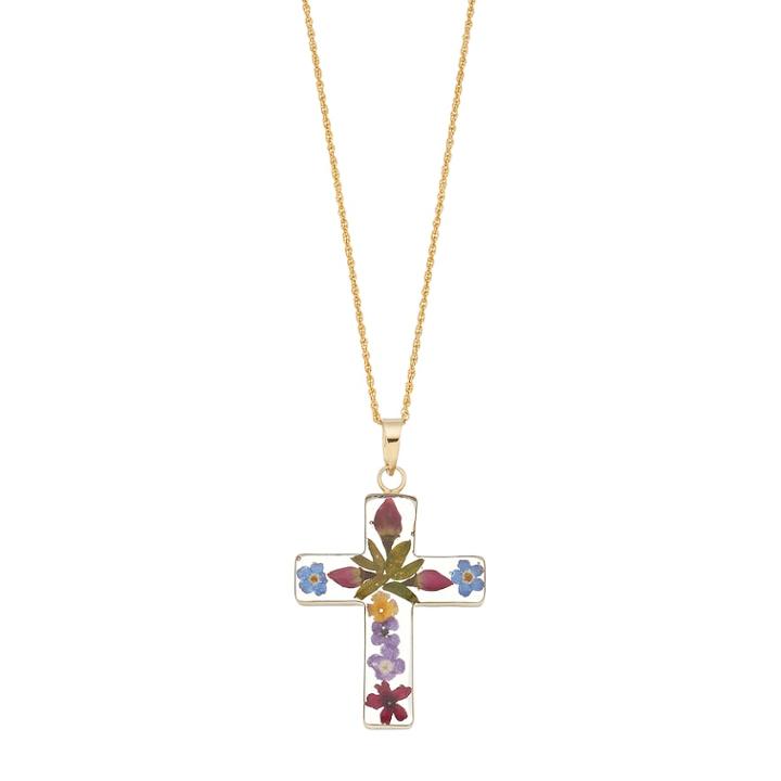 24k Gold Over Silver Pressed Flower Cross Pendant Necklace, Women's, Size: 18, Multicolor
