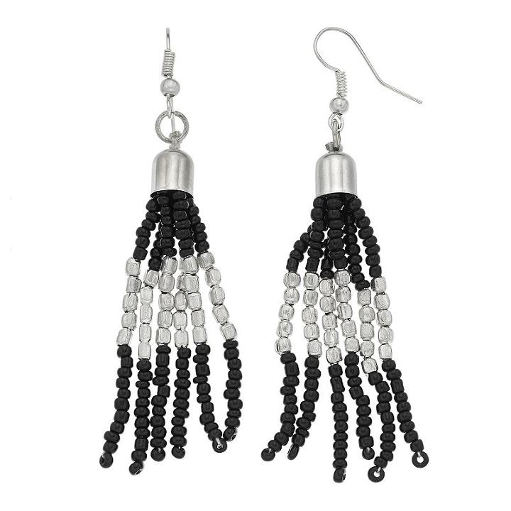 Black Seed Bead Tassel Nickel Free Drop Earrings, Women's