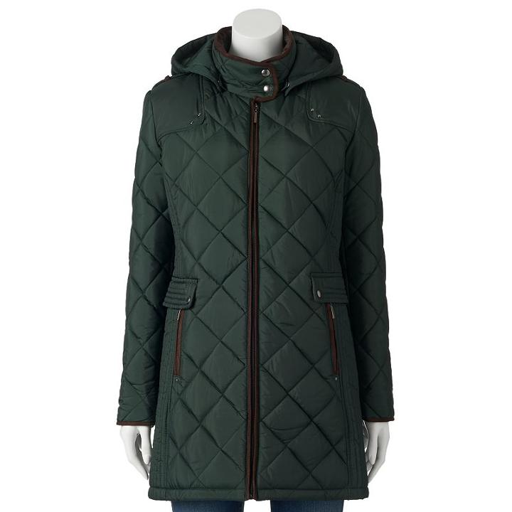 Women's Weathercast Hooded Quilted City Jacket, Size: Medium, Green