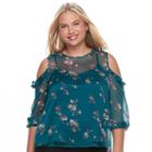 Juniors' Plus Size Mudd&reg; Ruffle Cold-shoulder Top, Teens, Size: 3xl, Green