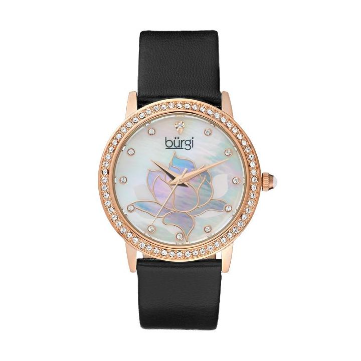 Burgi Women's Lotus Flower Crystal Leather Watch, Black