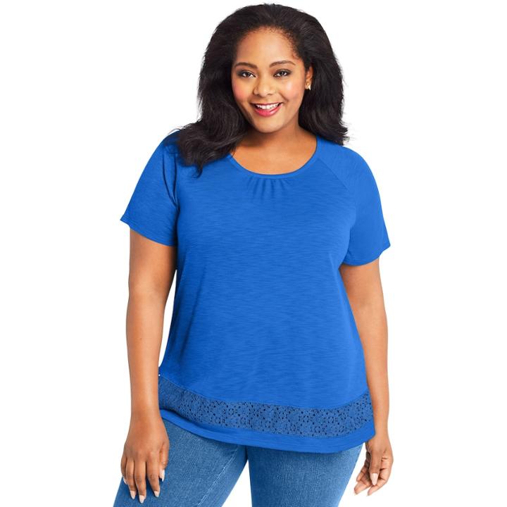 Plus Size Just My Size Lace Panel Slub Short Sleeve Top, Women's, Size: 4xl, Dark Blue