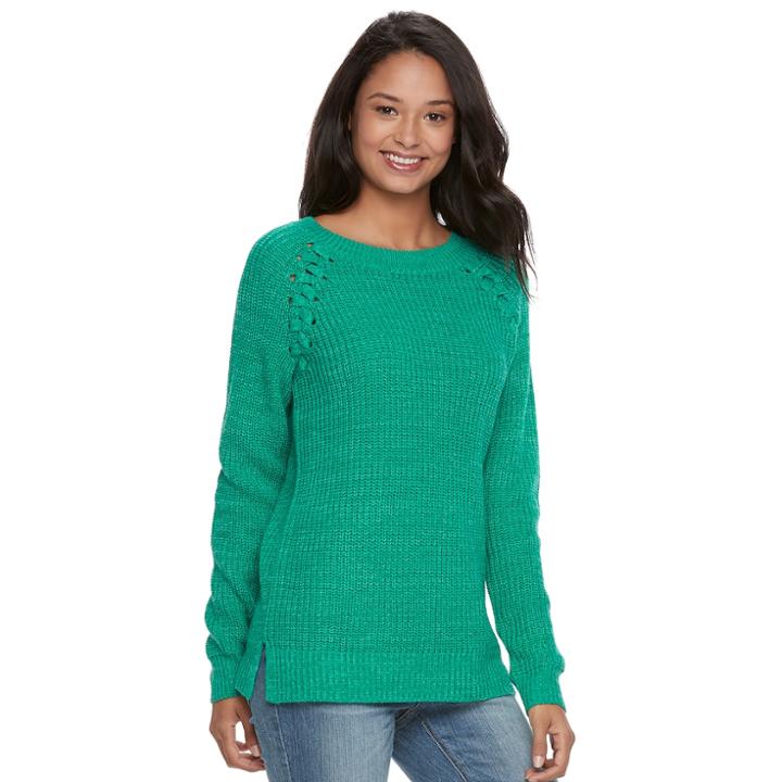 Juniors' So&reg; Raglan Crewneck Sweater, Teens, Size: Large, Med Green
