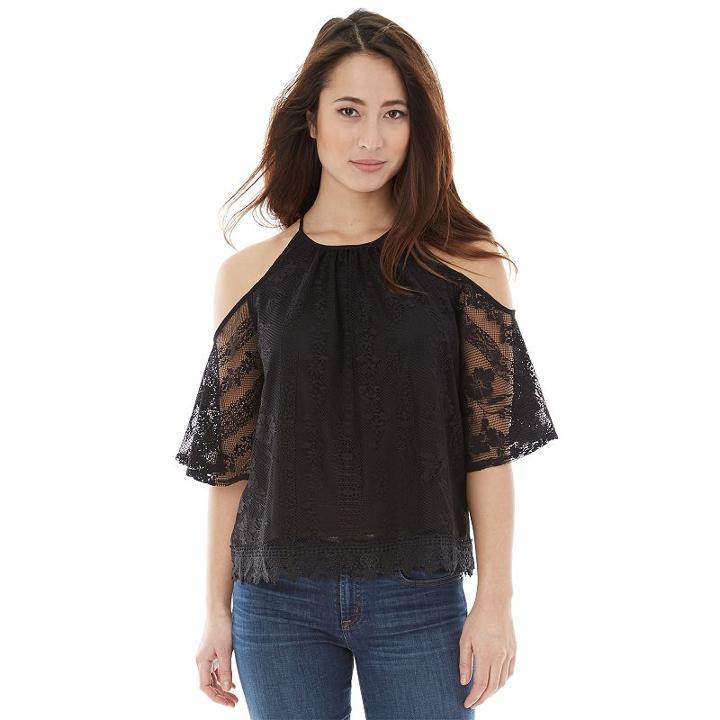Juniors' Iz Byer California Lace Cold Shoulder Top, Girl's, Size: Small, Black