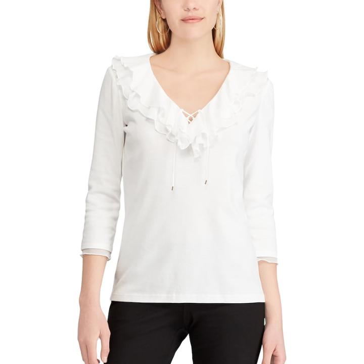 Women's Chaps Ruffled V-neck Top, Size: Large, White