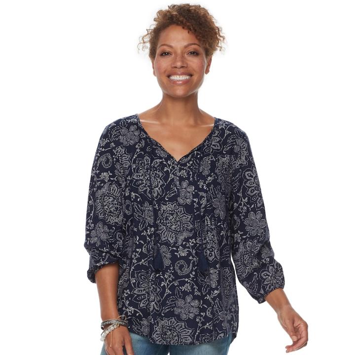 Women's Sonoma Goods For Life&trade; Printed Peasant Top, Size: Large, Dark Blue