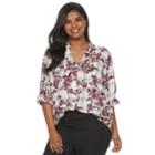 Juniors' Plus Size Iz Byer Roll-tab Shirt, Teens, Size: 1xl, White Grid Floral